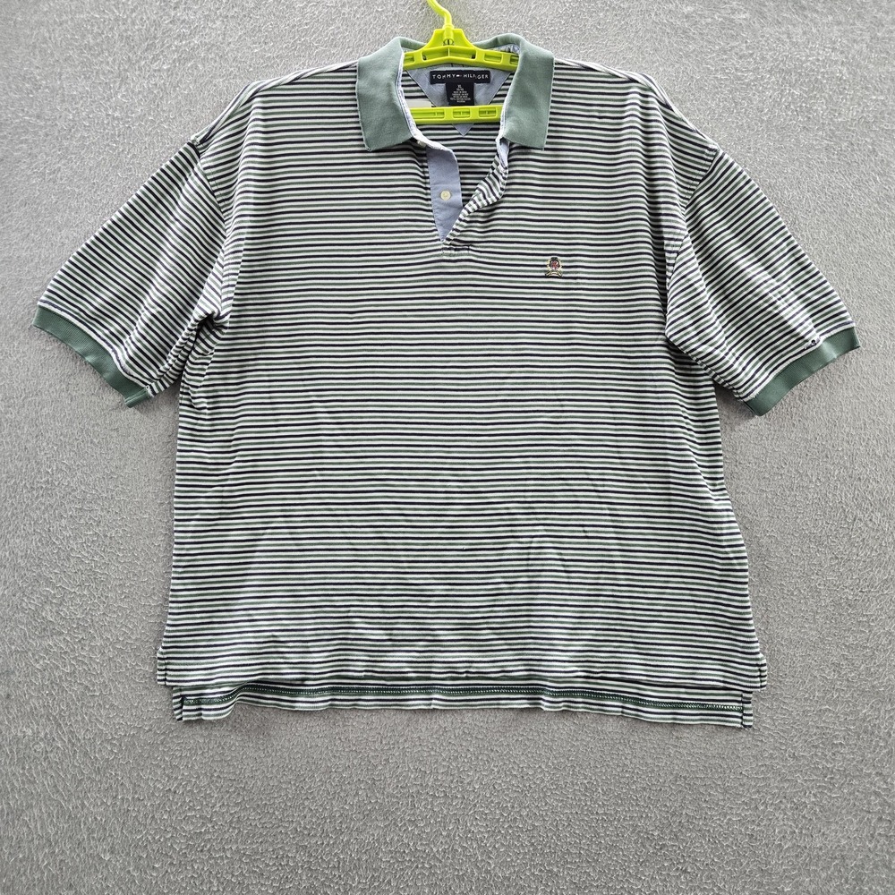 Tommy Hilfiger Men Polo XL Green Embroidered Striped Short Sleeve Logo READ